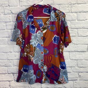 Men’s Handmade Cartoon Print Button Down Collared Short Sleeve Shirt